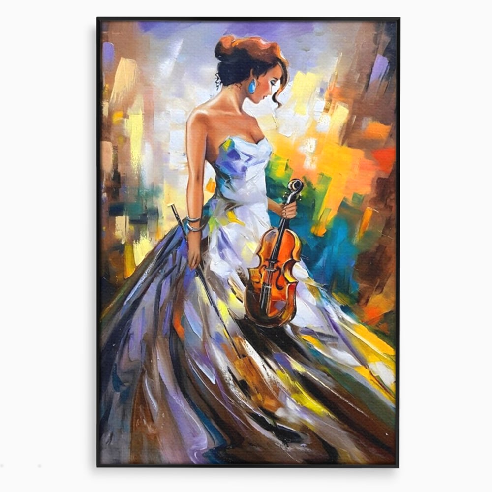 Tablou canvas cu tablou canvas cu femeie si vioara, in rama de aluminiu negru